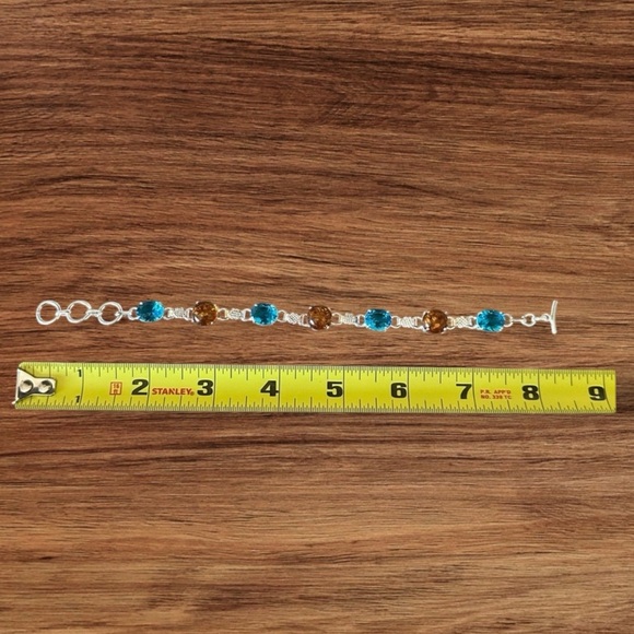 NWT Handmade Amber Blue Topaz Simulated Stone Silver Overlay Bracelet - Picture 3 of 4